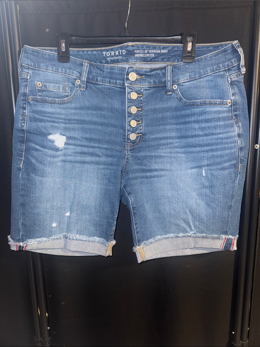 torrid Medium Blue Button-Front Distressed Bermuda Shorts